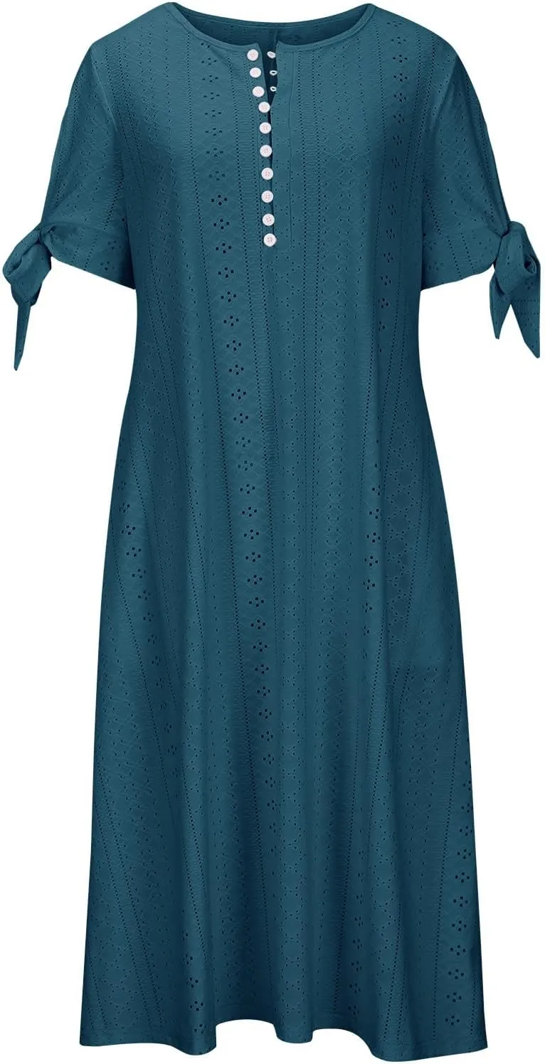 Womens Short Sleeve V Neck Sundress Simple Solid Color Midi Dress Button Up Comfortable Summer Eyelet Dresses