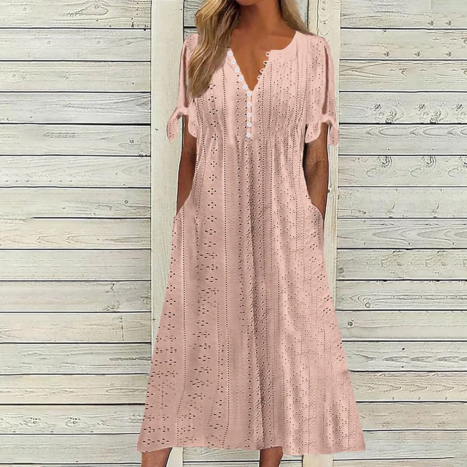 Womens Short Sleeve V Neck Sundress Simple Solid Color Midi Dress Button Up Comfortable Summer Eyelet Dresses
