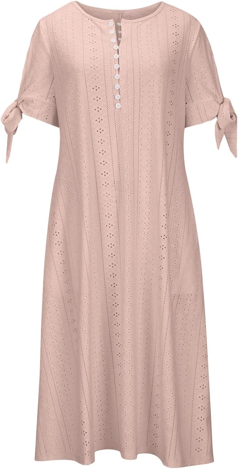 Womens Short Sleeve V Neck Sundress Simple Solid Color Midi Dress Button Up Comfortable Summer Eyelet Dresses