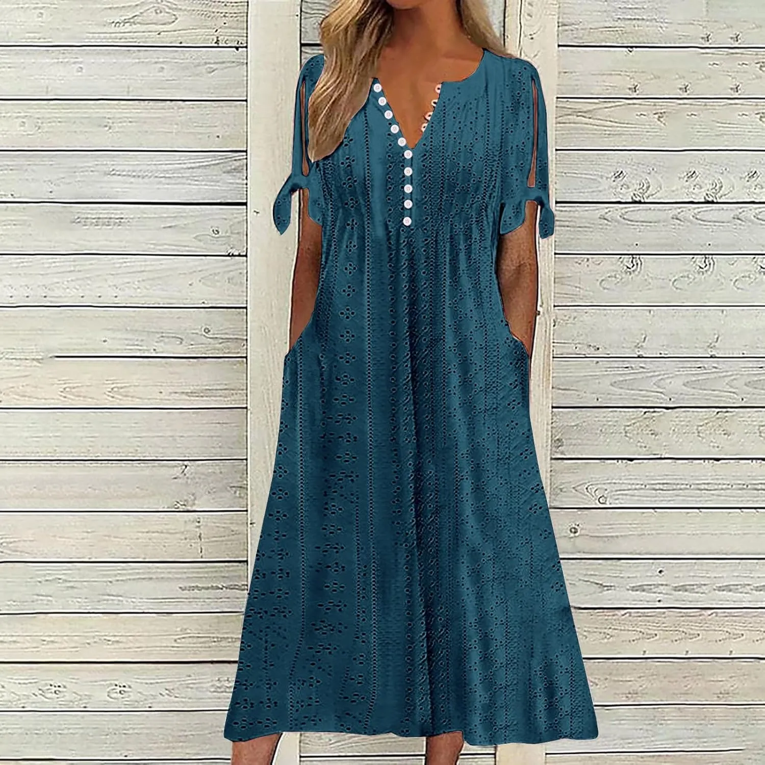 Womens Short Sleeve V Neck Sundress Simple Solid Color Midi Dress Button Up Comfortable Summer Eyelet Dresses