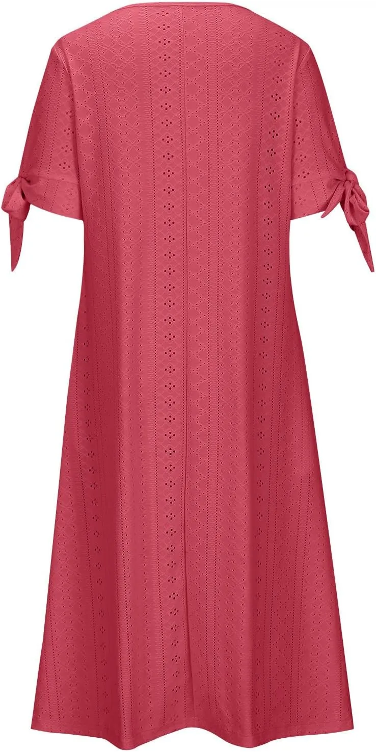 Womens Short Sleeve V Neck Sundress Simple Solid Color Midi Dress Button Up Comfortable Summer Eyelet Dresses