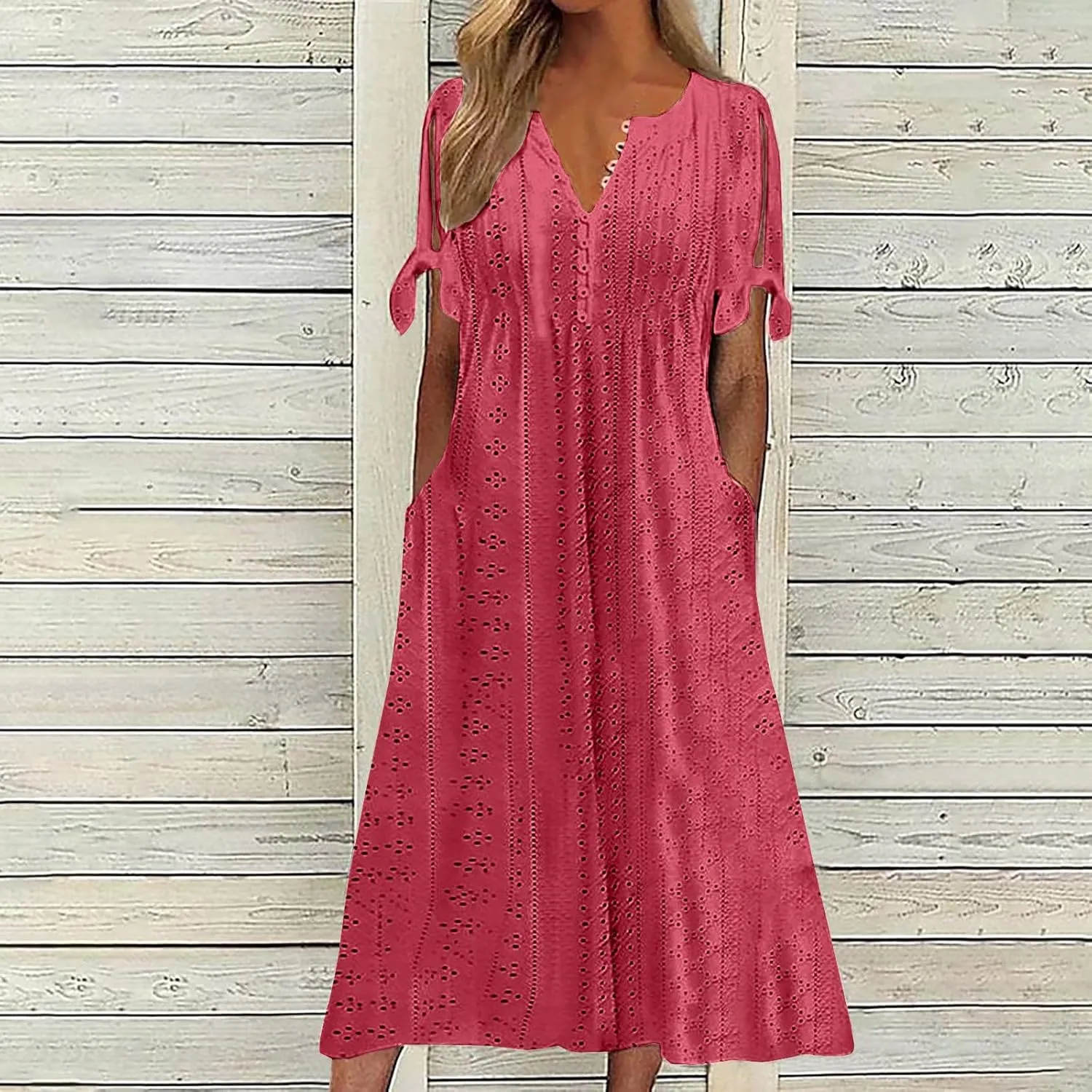 Womens Short Sleeve V Neck Sundress Simple Solid Color Midi Dress Button Up Comfortable Summer Eyelet Dresses