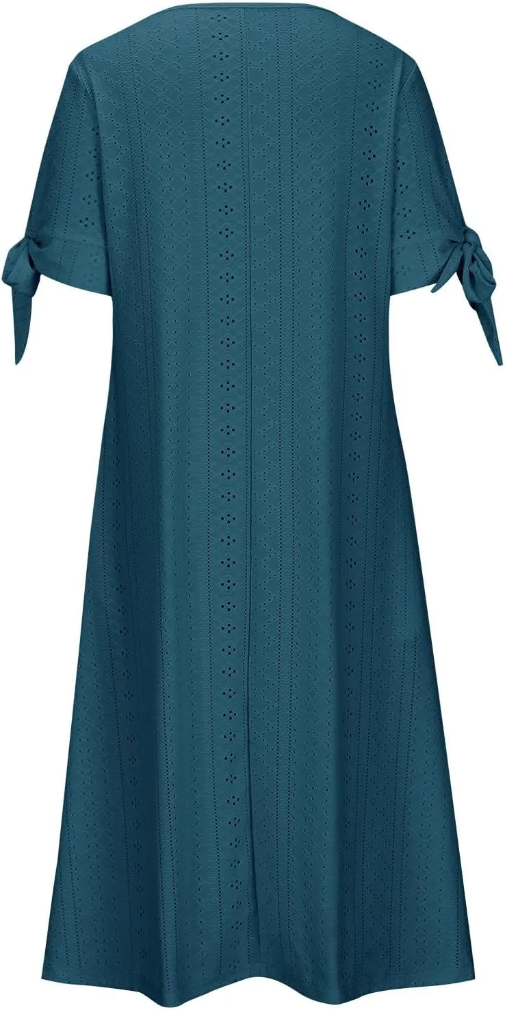 Womens Short Sleeve V Neck Sundress Simple Solid Color Midi Dress Button Up Comfortable Summer Eyelet Dresses