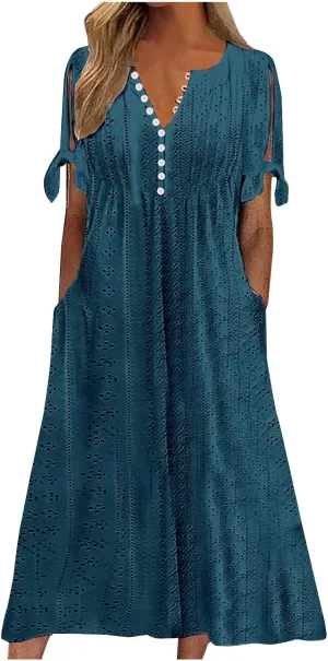 Womens Short Sleeve V Neck Sundress Simple Solid Color Midi Dress Button Up Comfortable Summer Eyelet Dresses