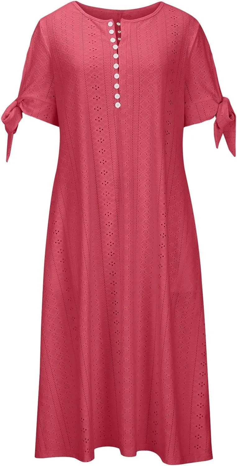 Womens Short Sleeve V Neck Sundress Simple Solid Color Midi Dress Button Up Comfortable Summer Eyelet Dresses