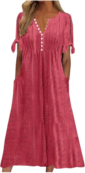 Womens Short Sleeve V Neck Sundress Simple Solid Color Midi Dress Button Up Comfortable Summer Eyelet Dresses