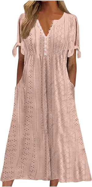 Womens Short Sleeve V Neck Sundress Simple Solid Color Midi Dress Button Up Comfortable Summer Eyelet Dresses