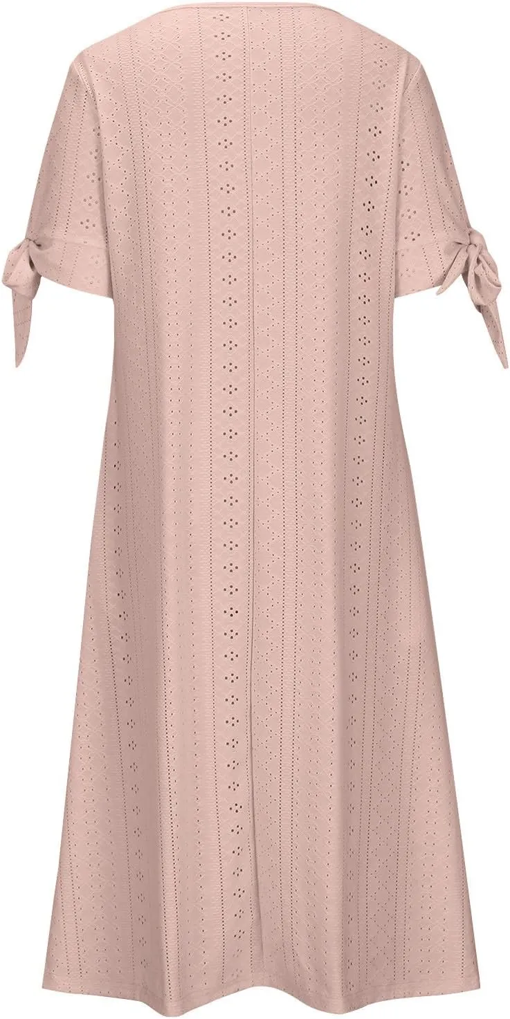 Womens Short Sleeve V Neck Sundress Simple Solid Color Midi Dress Button Up Comfortable Summer Eyelet Dresses