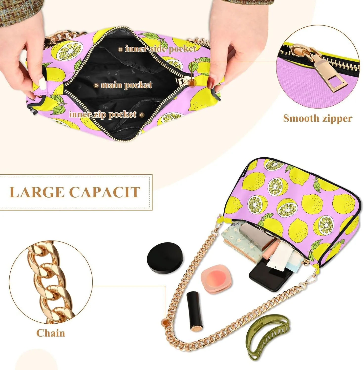 Women's Shoulder Handbags Chain Shoulder Brace for Women Bag Fruits Print Ladies Vacation Handbags Tote Purse,Multi1
