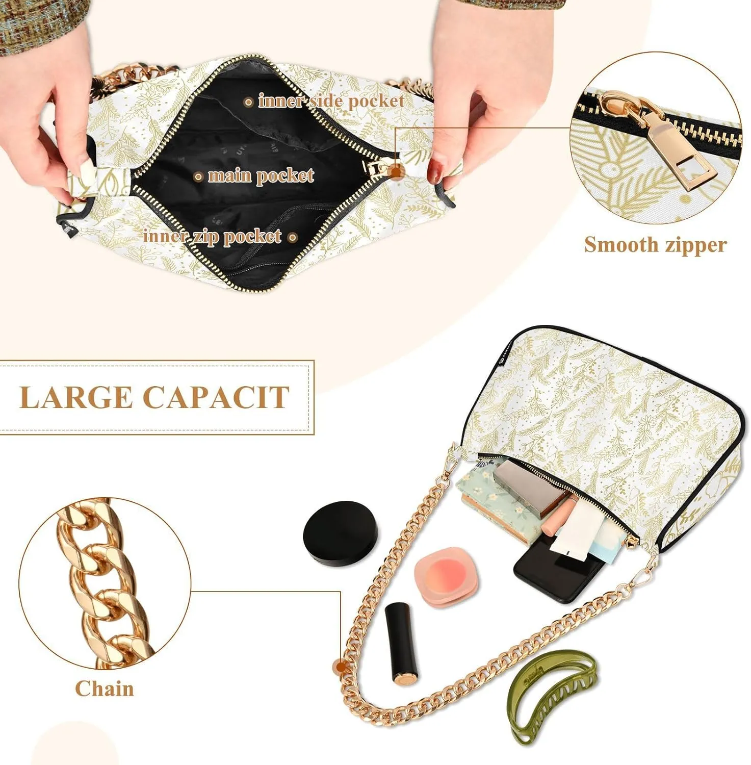 Women's Shoulder Handbags Chain Shoulder Brace for Women Bag Leaves Pattern Ladies Vacation Handbags Tote Purse,Multi1