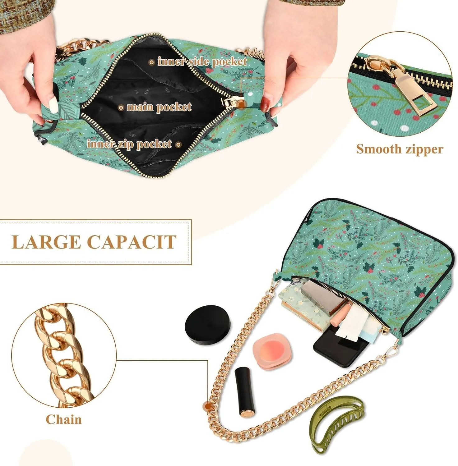 Women's Shoulder Handbags Chain Shoulder Brace for Women Bag Leaves Print Ladies Vacation Handbags Tote Purse,Multi1