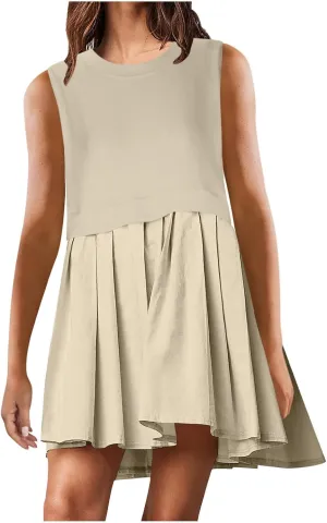 Womens Sleeveless Loose Beach Dress Simple Solid Color Sundresses Casual Crewneck Fashion 2024 Tank Dress