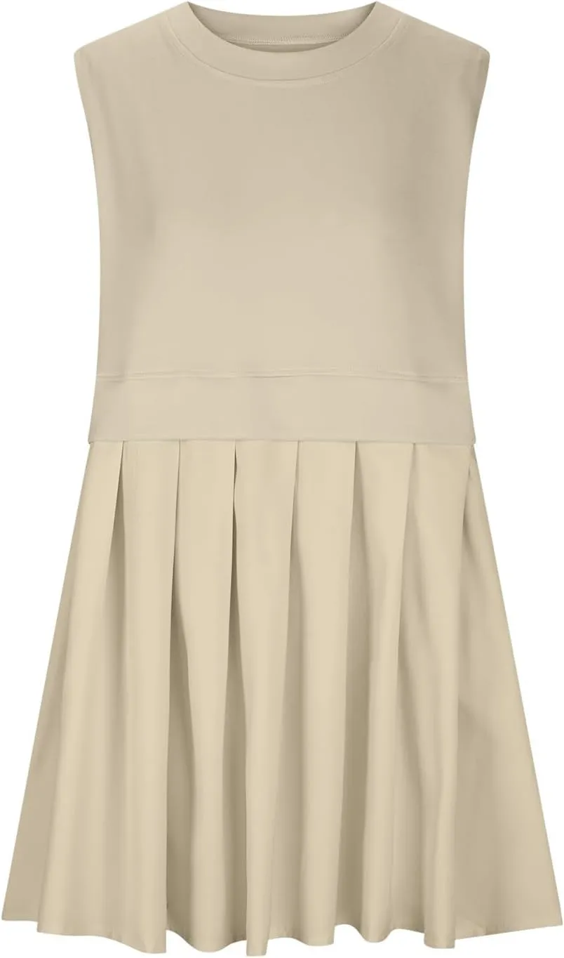 Womens Sleeveless Loose Beach Dress Simple Solid Color Sundresses Casual Crewneck Fashion 2024 Tank Dress