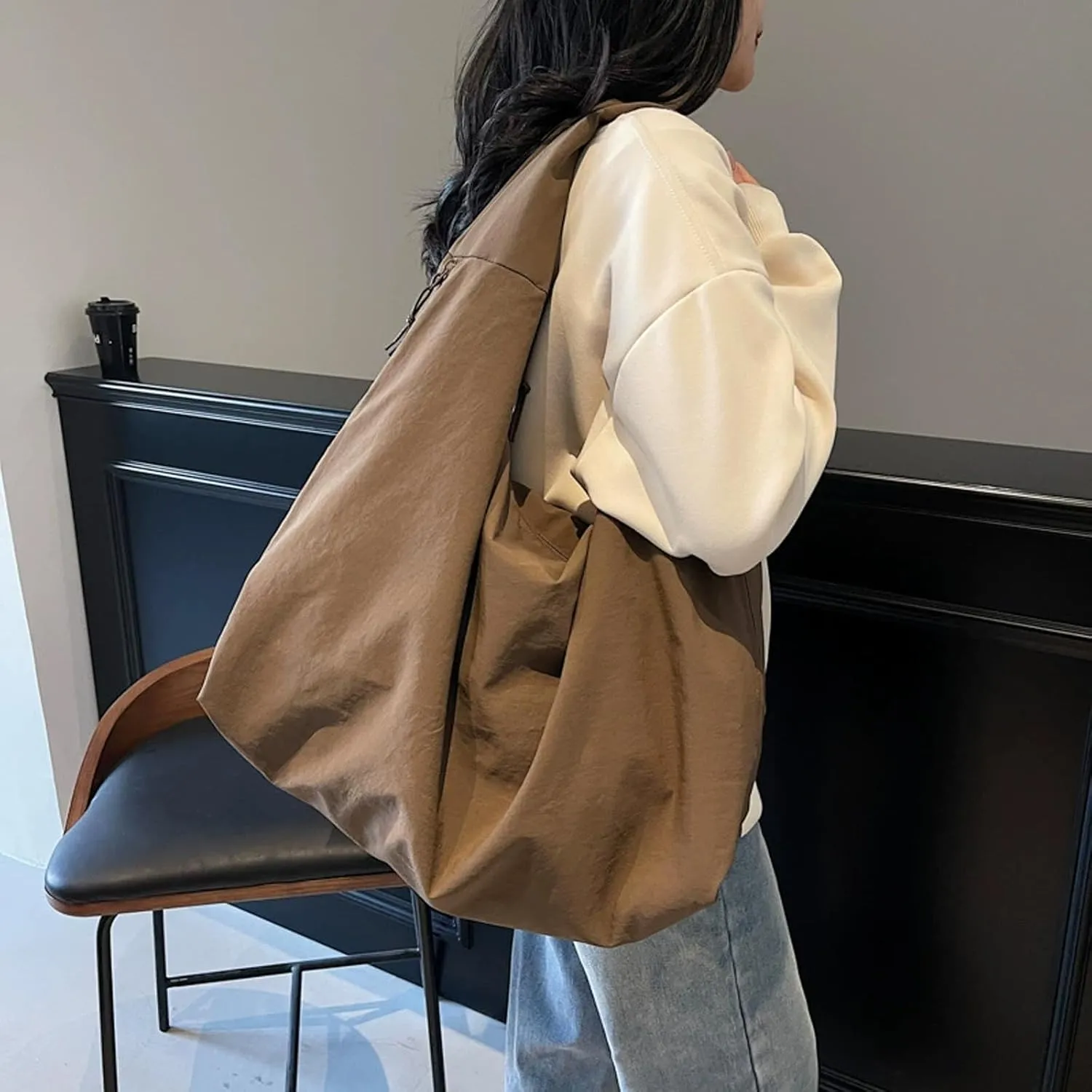 Women's Solid Color Textured Draped Tote Bag, Canvas Large Capacity Fashion Versatile Shoulder Bag for Shopping with Travel