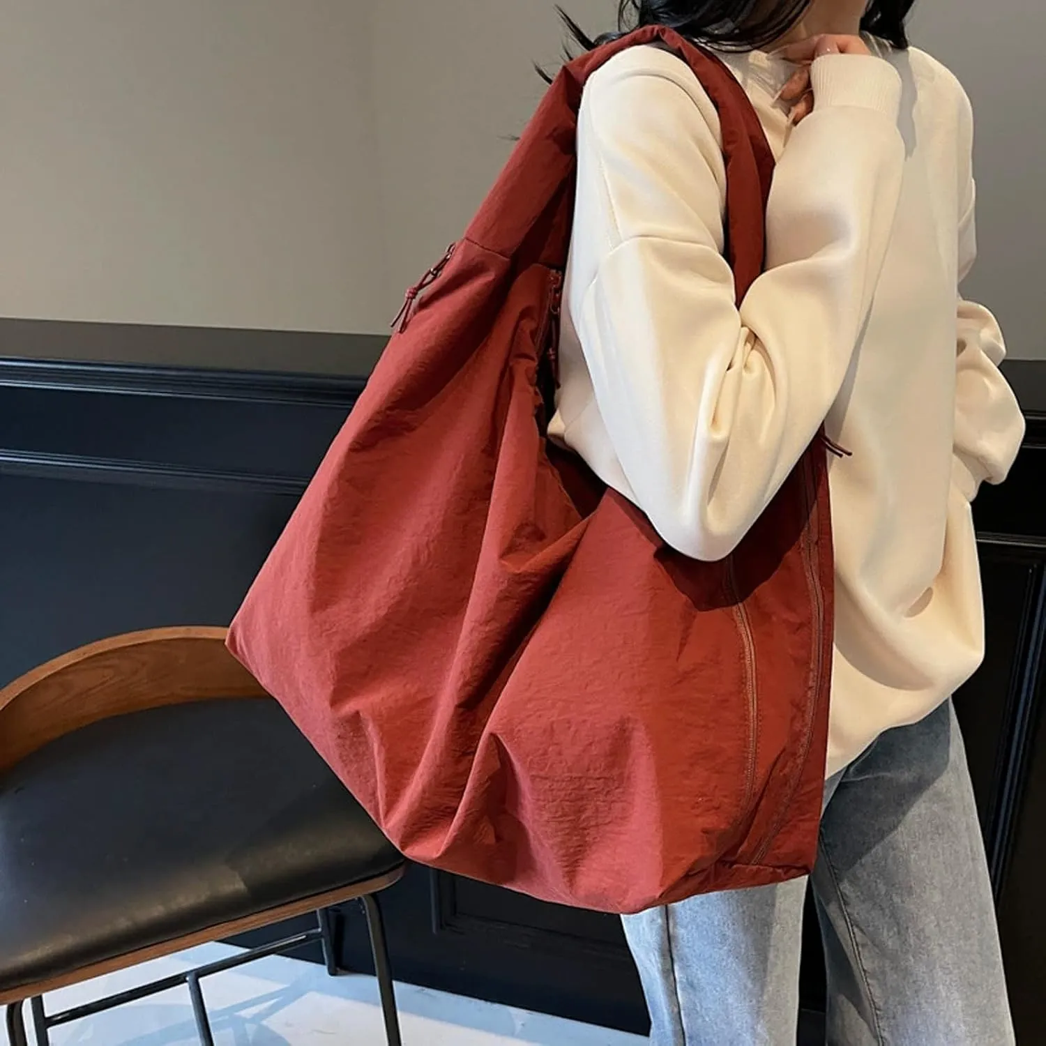 Women's Solid Color Textured Draped Tote Bag, Canvas Large Capacity Fashion Versatile Shoulder Bag for Shopping with Travel
