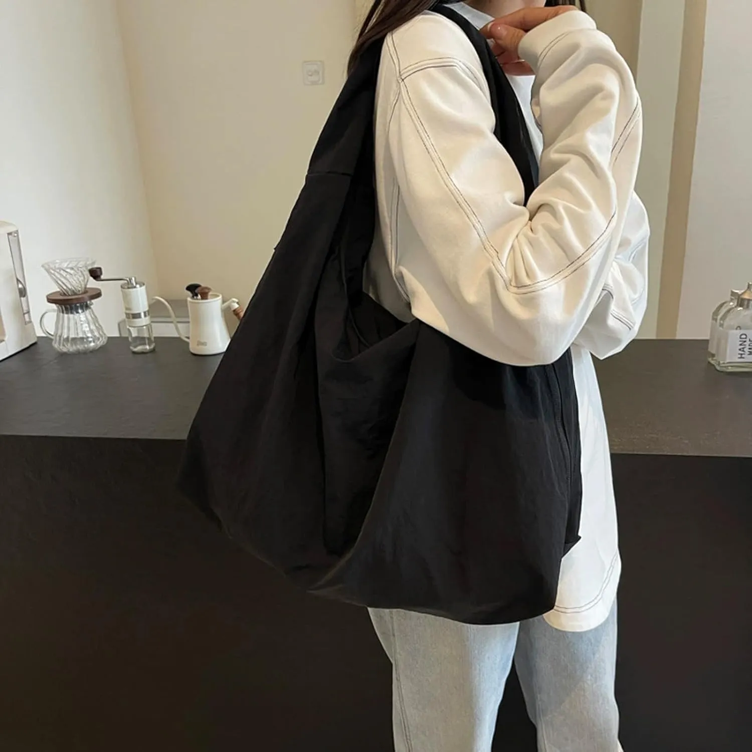 Women's Solid Color Textured Draped Tote Bag, Canvas Large Capacity Fashion Versatile Shoulder Bag for Shopping with Travel