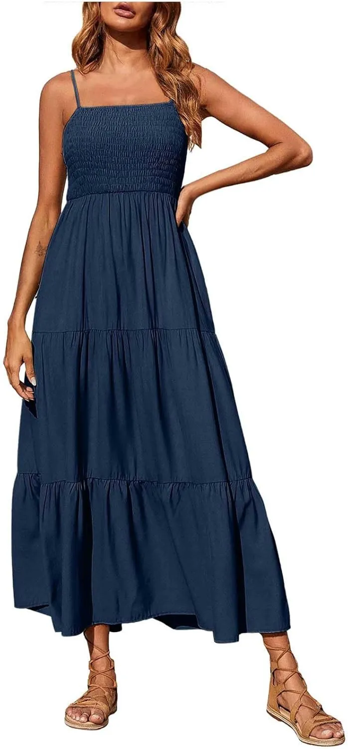Women's Spaghetti Strap Fashion Maxi Dresses Simple Solid Color Sundress Casual Flowy Smocked Dresses