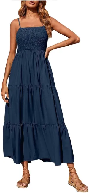 Women's Spaghetti Strap Fashion Maxi Dresses Simple Solid Color Sundress Casual Flowy Smocked Dresses
