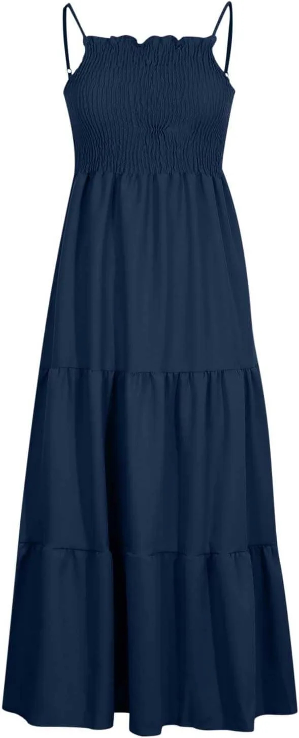 Women's Spaghetti Strap Fashion Maxi Dresses Simple Solid Color Sundress Casual Flowy Smocked Dresses