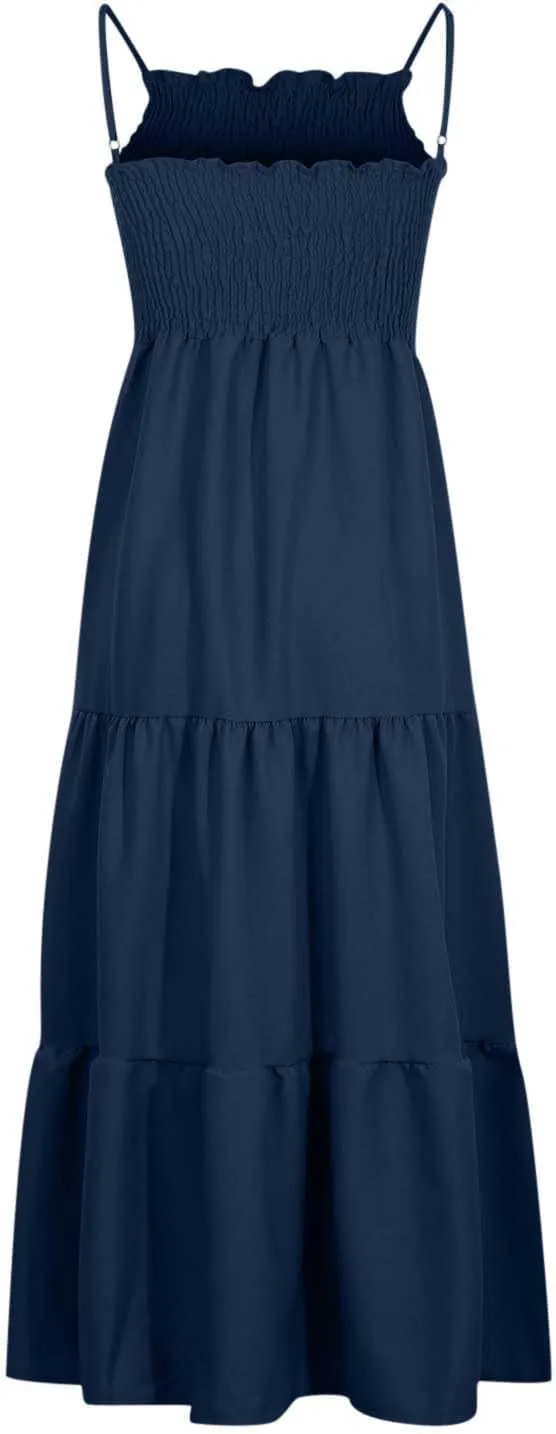 Women's Spaghetti Strap Fashion Maxi Dresses Simple Solid Color Sundress Casual Flowy Smocked Dresses
