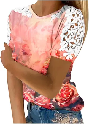 Womens Summer Boho Floral Printed Shirts Lace Short Sleeved Round Neck Casual Pullover Tops Loose Fit Blouse