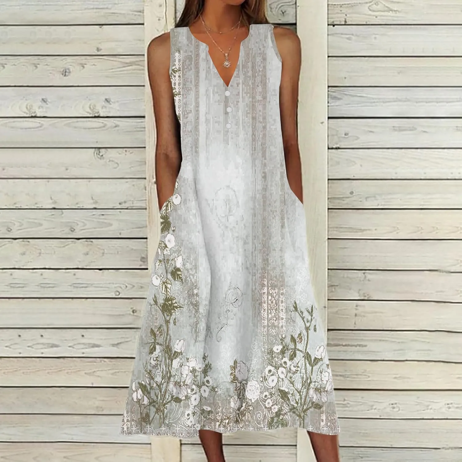 Womens Summer Design Casual Dress Fashion Floral Printed Elegant Dress Sleeveless V-Neck Long Dress with Pockets