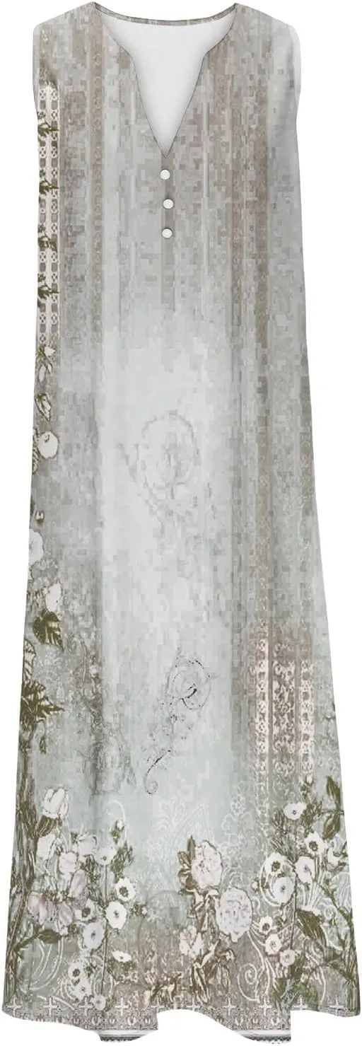Womens Summer Design Casual Dress Fashion Floral Printed Elegant Dress Sleeveless V-Neck Long Dress with Pockets