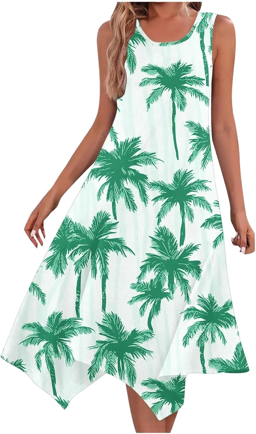 Womens Summer Dresses 2025 Loose Sleeveless Crew Neck Sundresses Floral Printed Trendy Irregular Dress with Pockets