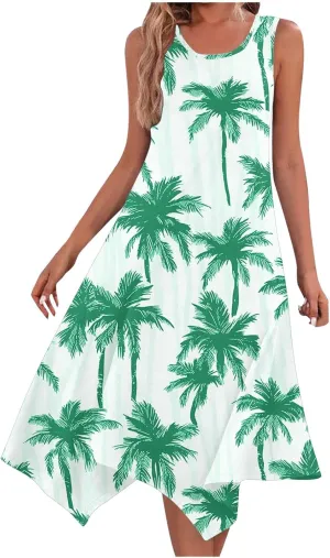 Womens Summer Dresses 2025 Loose Sleeveless Crew Neck Sundresses Floral Printed Trendy Irregular Dress with Pockets
