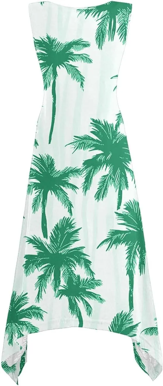 Womens Summer Dresses 2025 Loose Sleeveless Crew Neck Sundresses Floral Printed Trendy Irregular Dress with Pockets