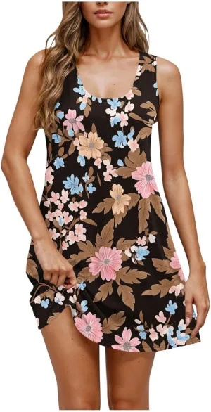 Womens Summer Dresses 2025 Trendy Crewneck Sleeveless Midi Dresses Casual Printed Vacation Boho Floral Dresses