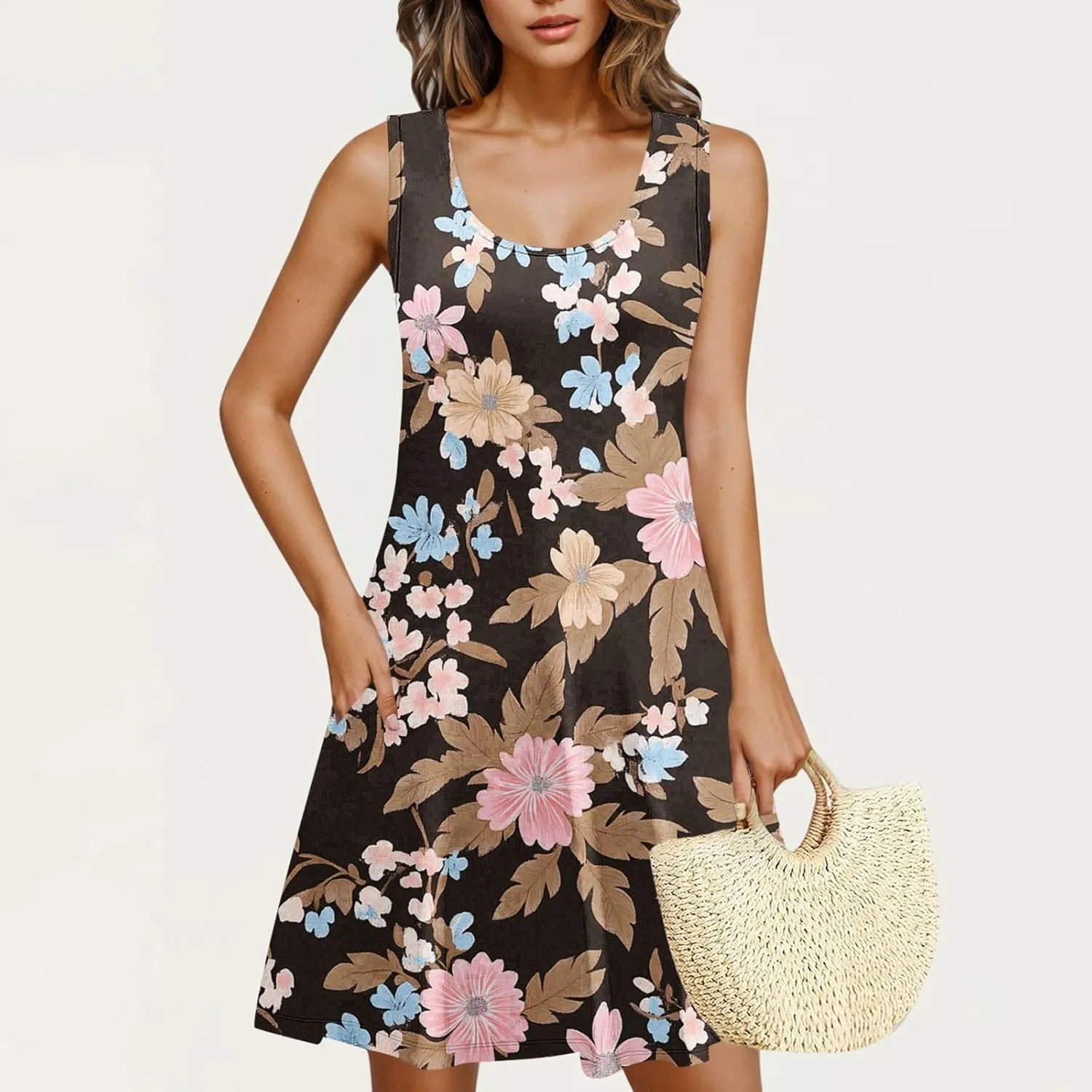 Womens Summer Dresses 2025 Trendy Crewneck Sleeveless Midi Dresses Casual Printed Vacation Boho Floral Dresses