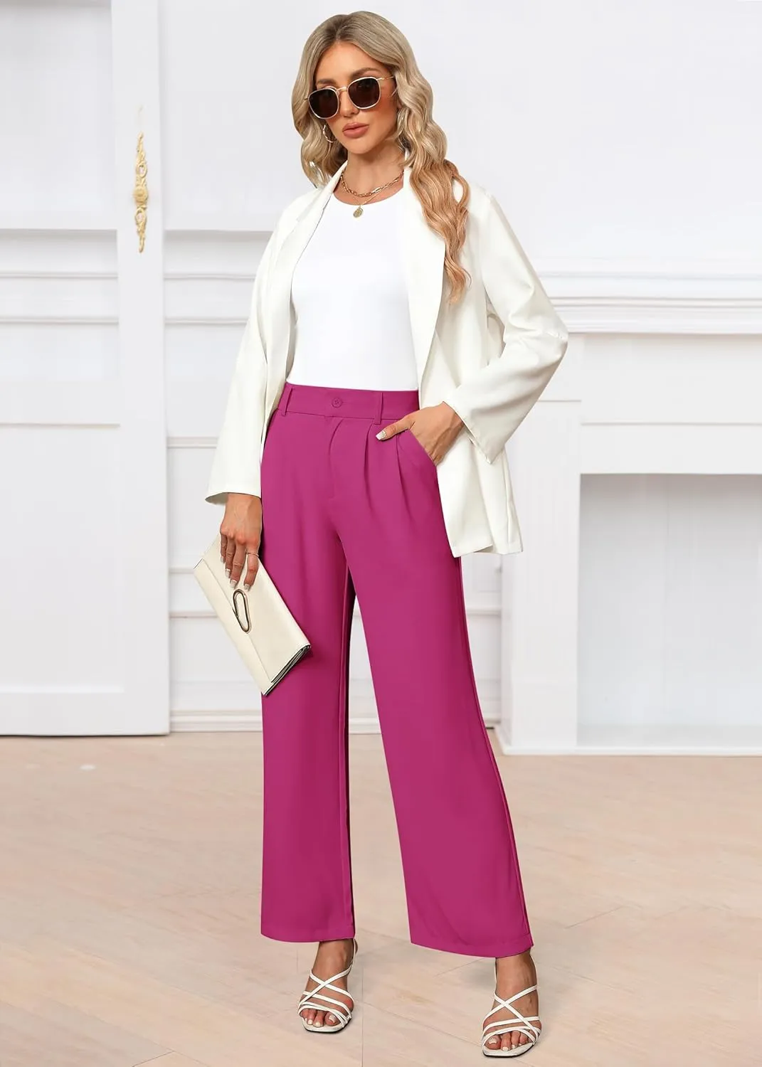 Womens Wide Leg Pants High Waisted Business Casual Summer Dress Pants Palazzo Long Work Trousers with Pockets