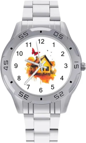 Wood House Butterfly Simple Wrist Watches for Men Silver Casual Big Face Dress Watch Easy to Read
