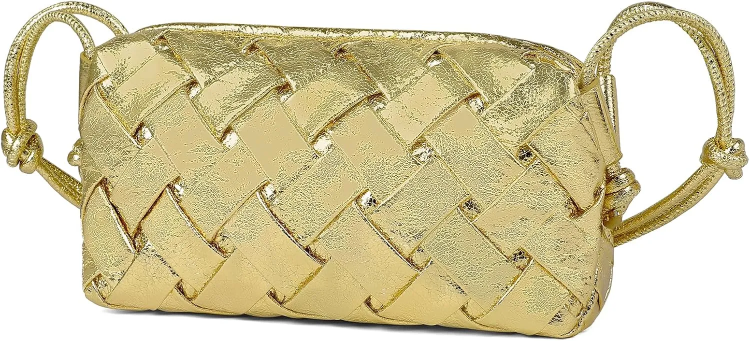 Woven Crossbody bags for women Vegan Leather Handbags Female Satchel Messenger Bag Fashion Shoulder Small Bag Casual Hobo (Gold)