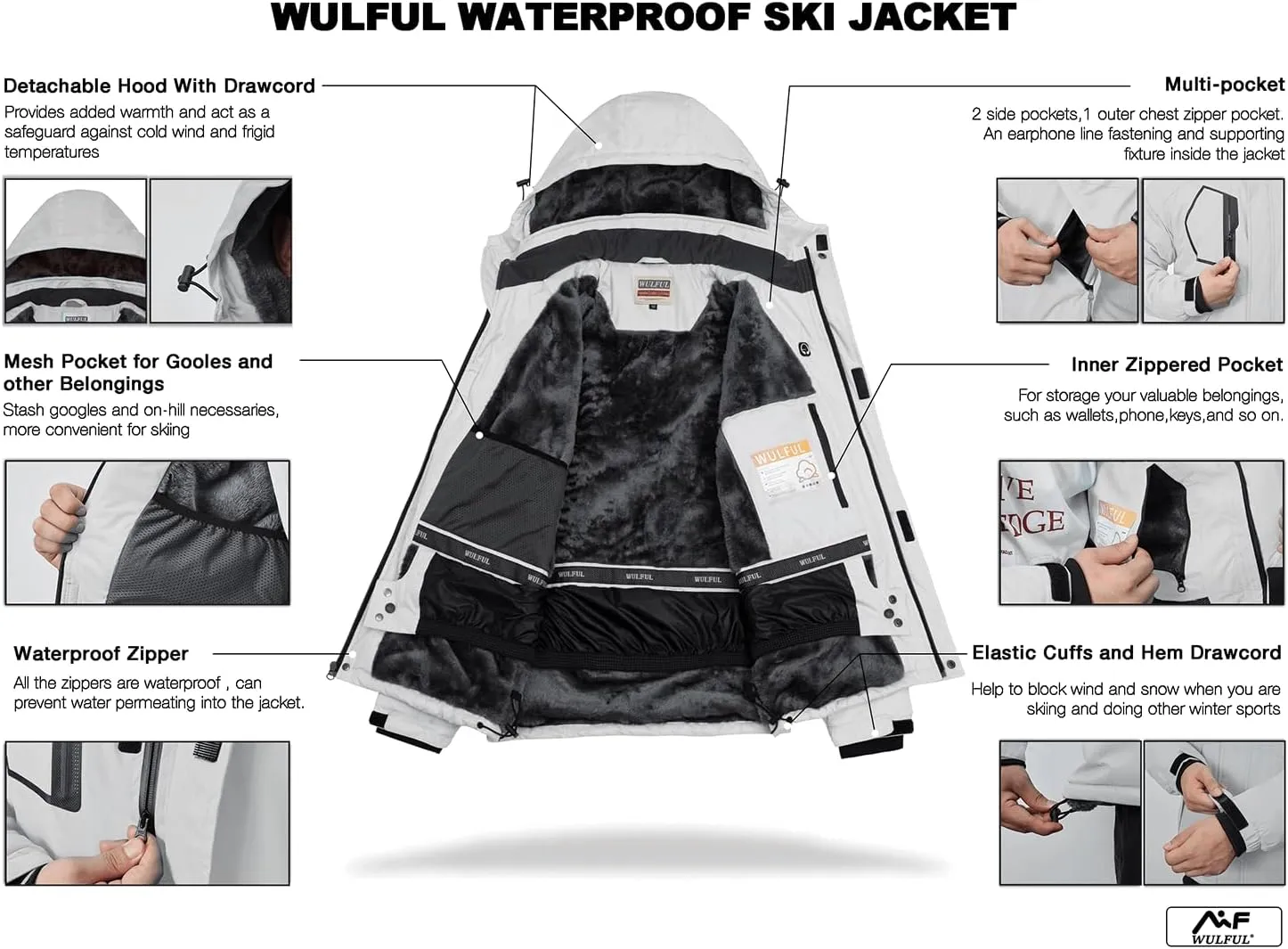 WULFUL Men's Waterproof Ski Jacket Warm Winter Snow Coat Mountain Windbreaker