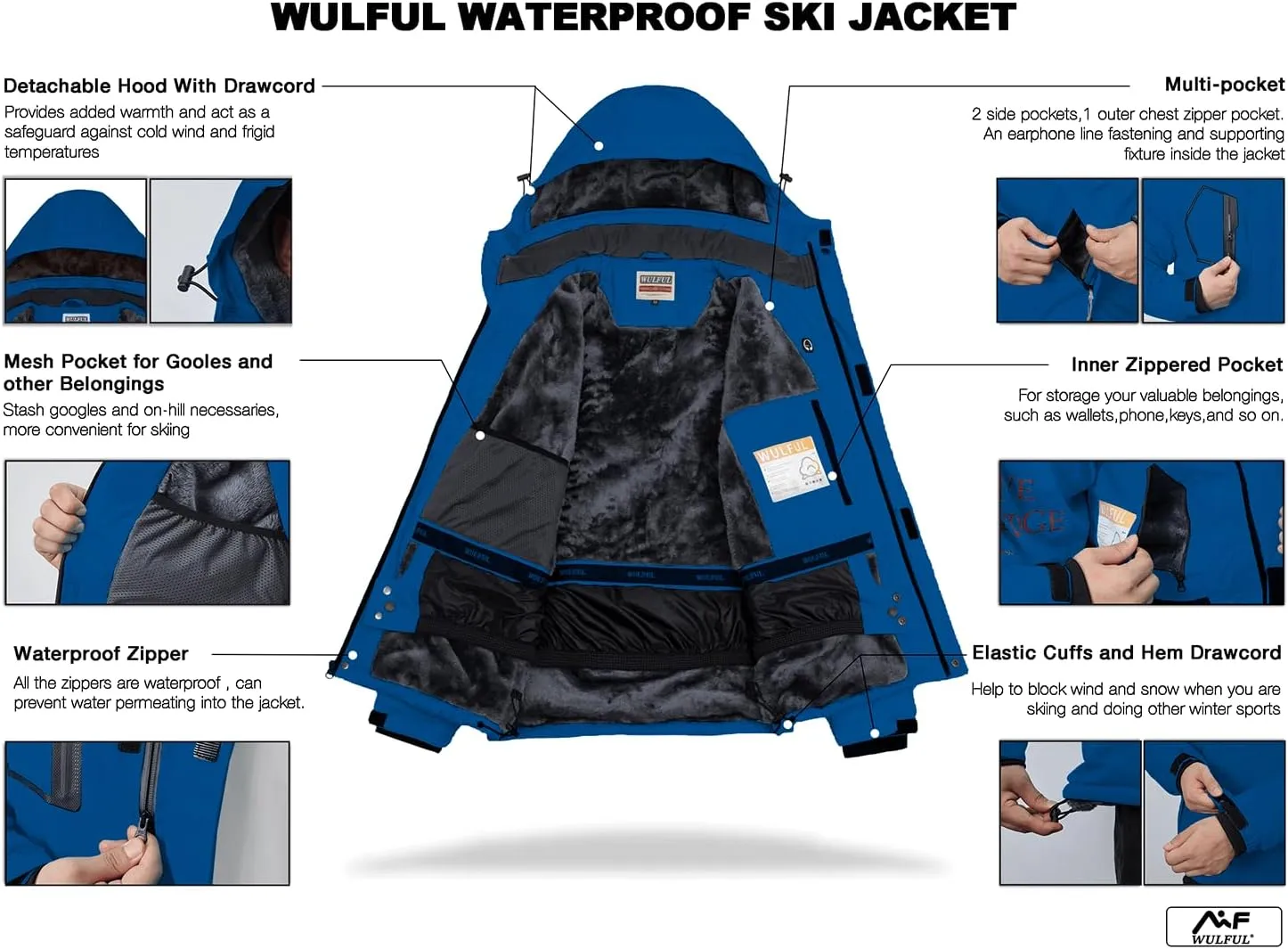 WULFUL Men's Waterproof Ski Jacket Warm Winter Snow Coat Mountain Windbreaker