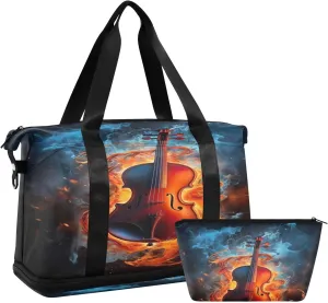 xigua Gym Bag Flaming Violin Travel Duffel Bag - Sports Gym Bag with Dry Wet Pocket Cosmetic bag & Shoes Compartment for Women and Men