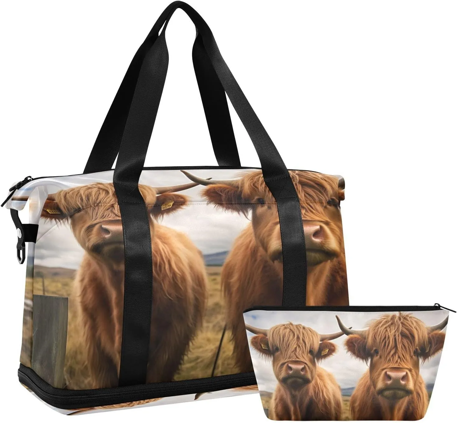 xigua Gym Bag Highland Cow Travel Duffel Bag - Sports Gym Bag with Dry Wet Pocket Cosmetic bag & Shoes Compartment for Women and Men