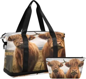 xigua Gym Bag Highland Cow Travel Duffel Bag - Sports Gym Bag with Dry Wet Pocket Cosmetic bag & Shoes Compartment for Women and Men