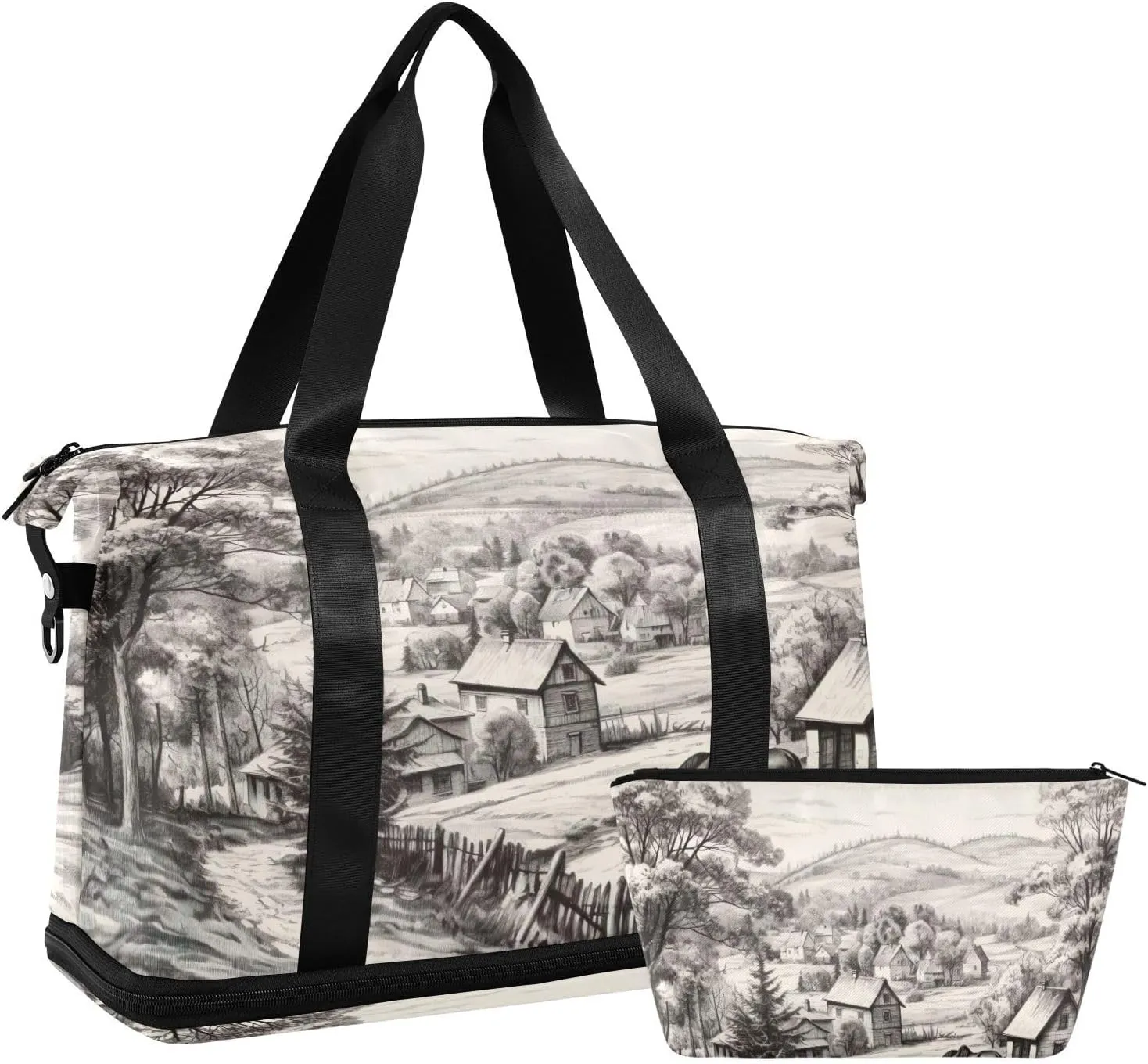 xigua Gym Bag Village with Horses Travel Duffel Bag - Sports Gym Bag with Dry Wet Pocket Cosmetic bag & Shoes Compartment for Women and Men