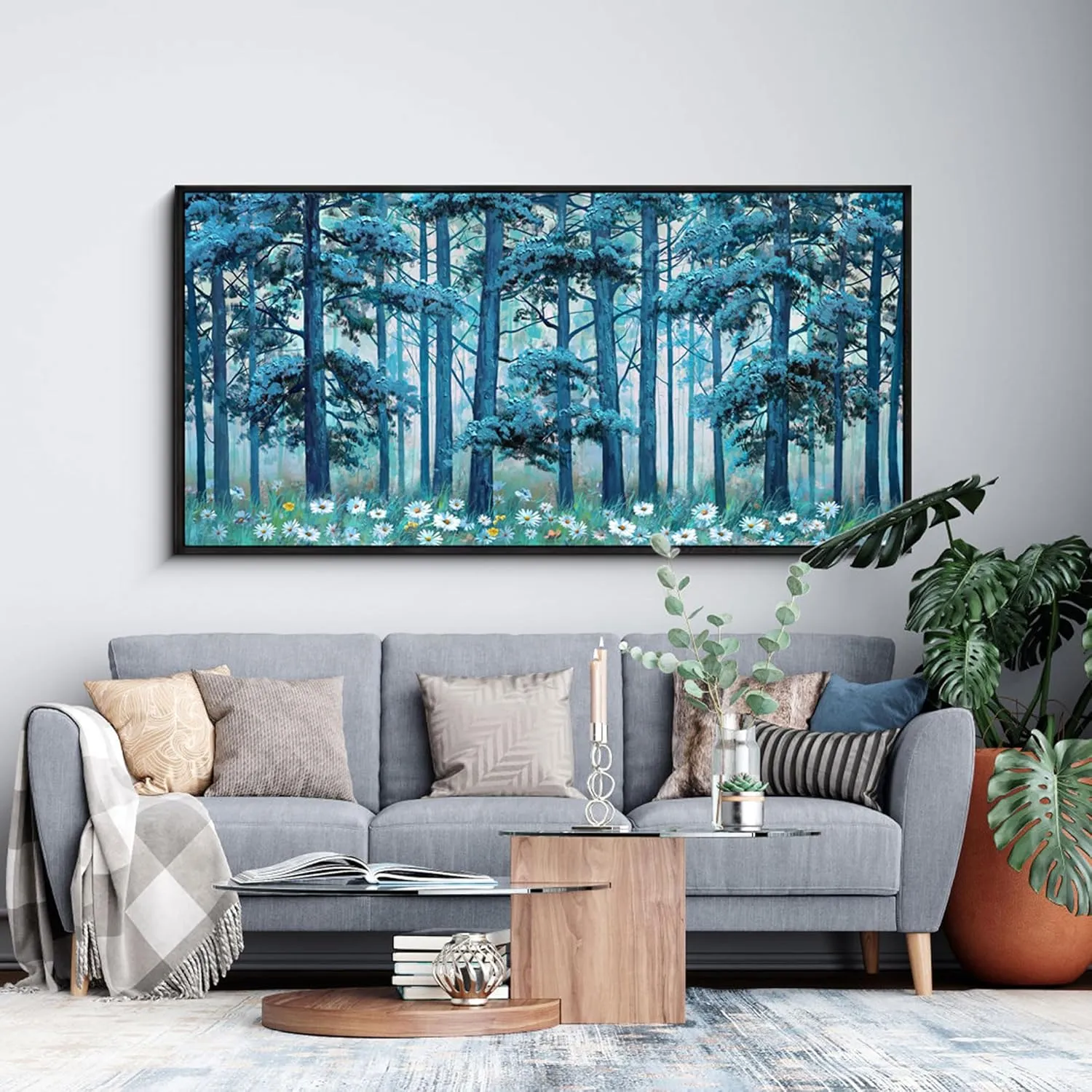 XLSJERST Blue Tree Canvas Wall Art Forest Landscape Picture Modern Birch Trees Nature Teal Abstract Painting Artwork Large Size Framed for Home Office Living Room Bedroom Wall Decor - 20x40 Inhes
