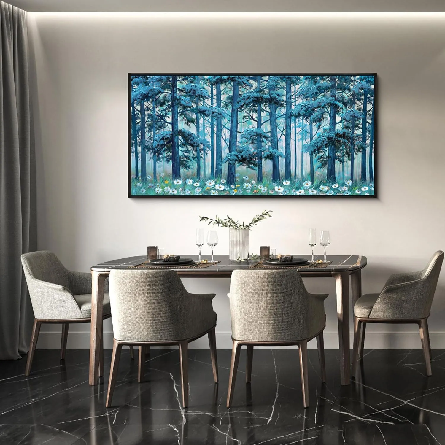 XLSJERST Blue Tree Canvas Wall Art Forest Landscape Picture Modern Birch Trees Nature Teal Abstract Painting Artwork Large Size Framed for Home Office Living Room Bedroom Wall Decor - 20x40 Inhes