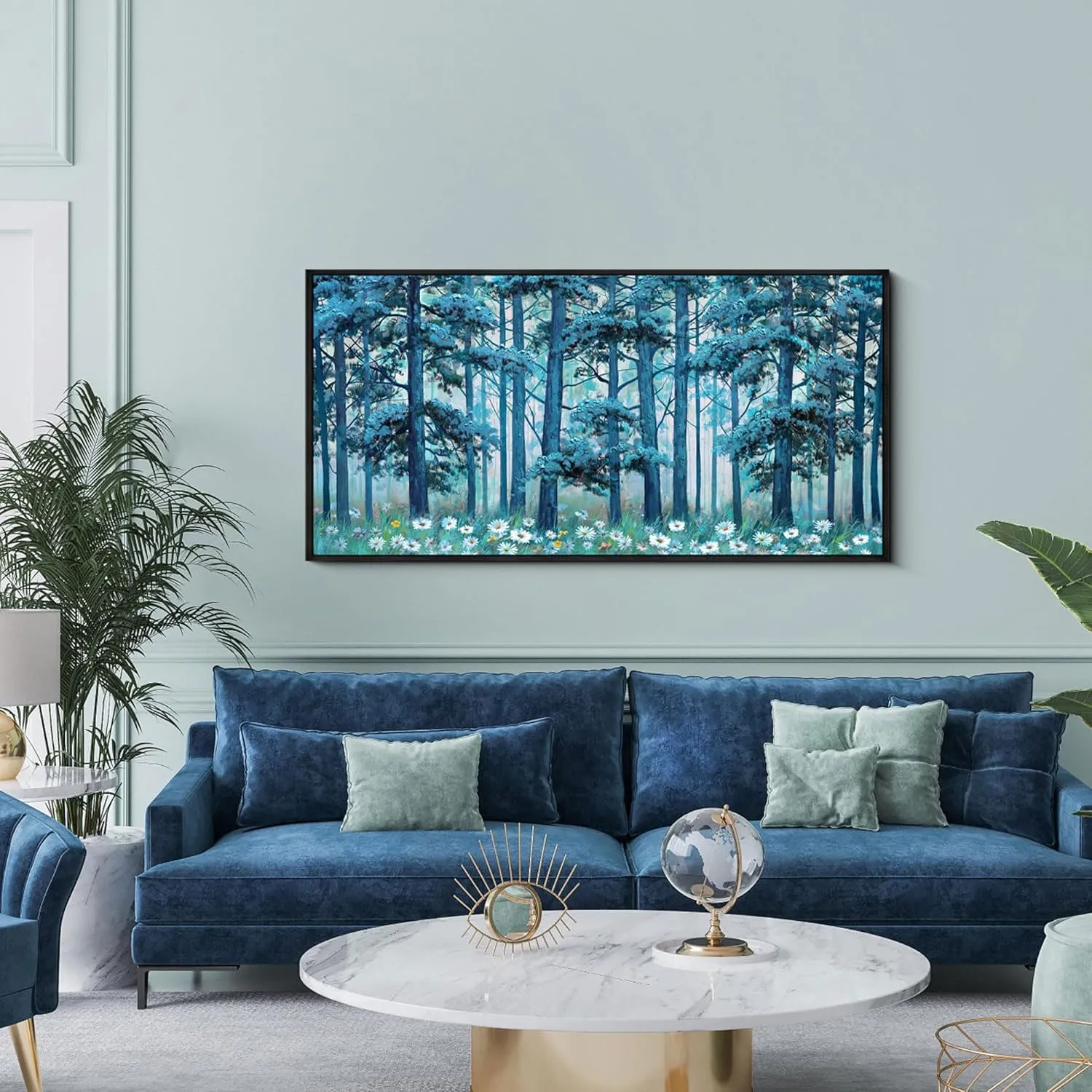XLSJERST Blue Tree Canvas Wall Art Forest Landscape Picture Modern Birch Trees Nature Teal Abstract Painting Artwork Large Size Framed for Home Office Living Room Bedroom Wall Decor - 20x40 Inhes