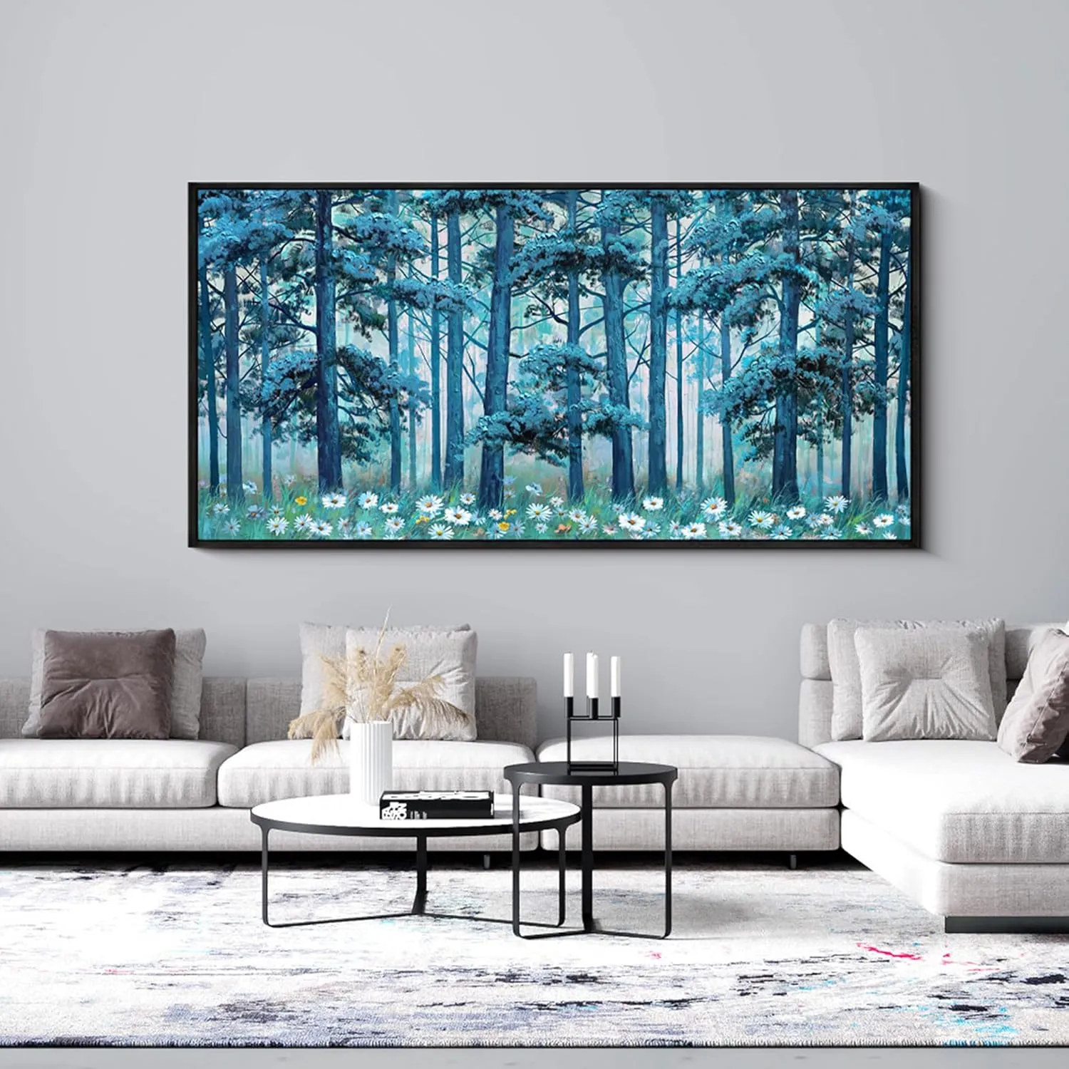 XLSJERST Blue Tree Canvas Wall Art Forest Landscape Picture Modern Birch Trees Nature Teal Abstract Painting Artwork Large Size Framed for Home Office Living Room Bedroom Wall Decor - 20x40 Inhes