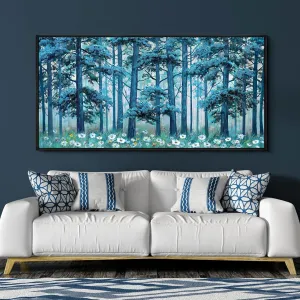 XLSJERST Blue Tree Canvas Wall Art Forest Landscape Picture Modern Birch Trees Nature Teal Abstract Painting Artwork Large Size Framed for Home Office Living Room Bedroom Wall Decor - 20x40 Inhes