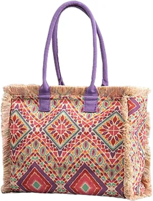XXGJOALD-Bohemian Vintage Canvas Tote Bag Large Capacity Zipper Shoulder Bag and Handbag for Women Summer (Color-6)