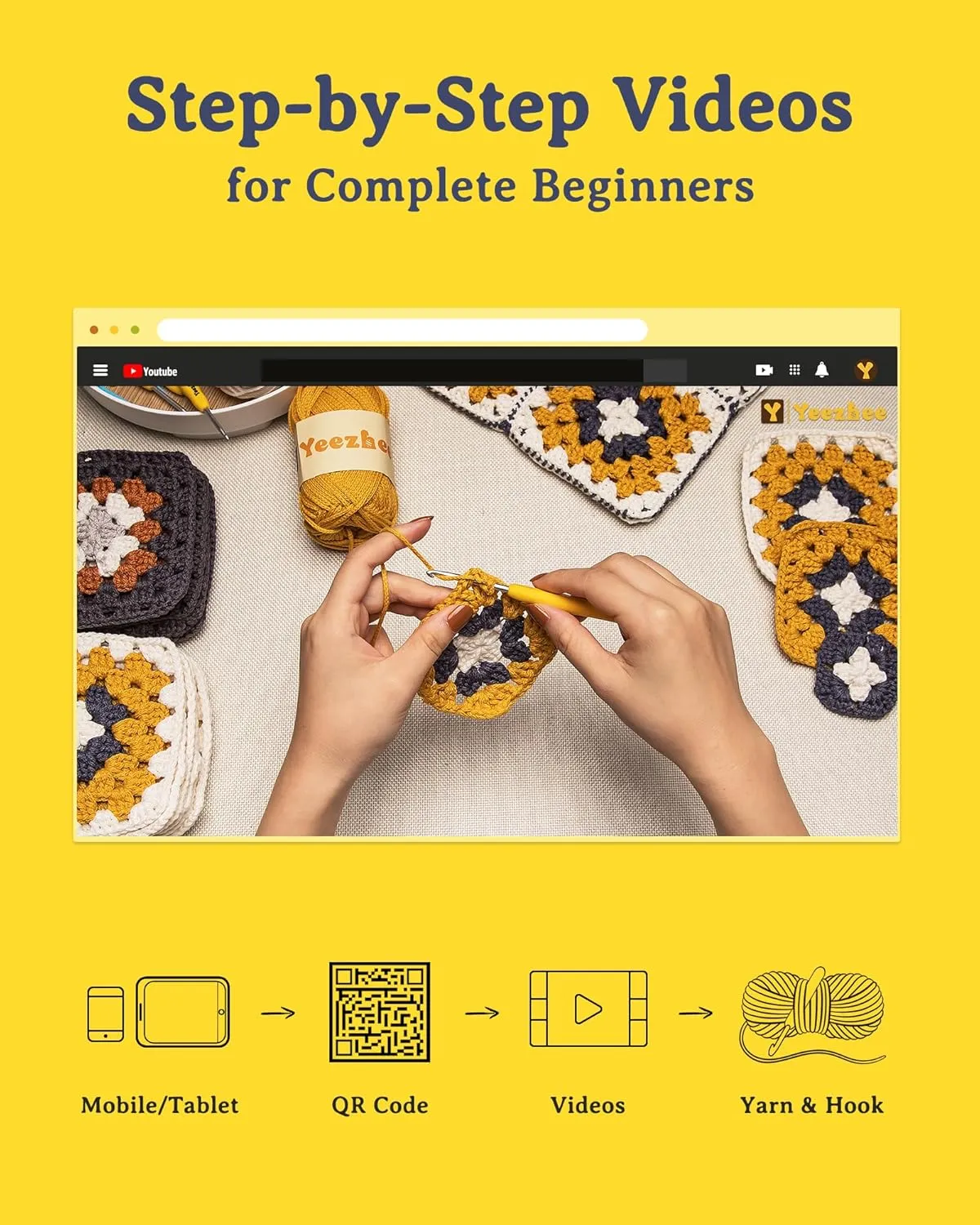 Yeezhee Crochet Kit for Beginners: Granny Square Crossbody Bag Set with Step-by-Step Video Tutorials, Includes Yarn, Crochet Hook, Evolvulus