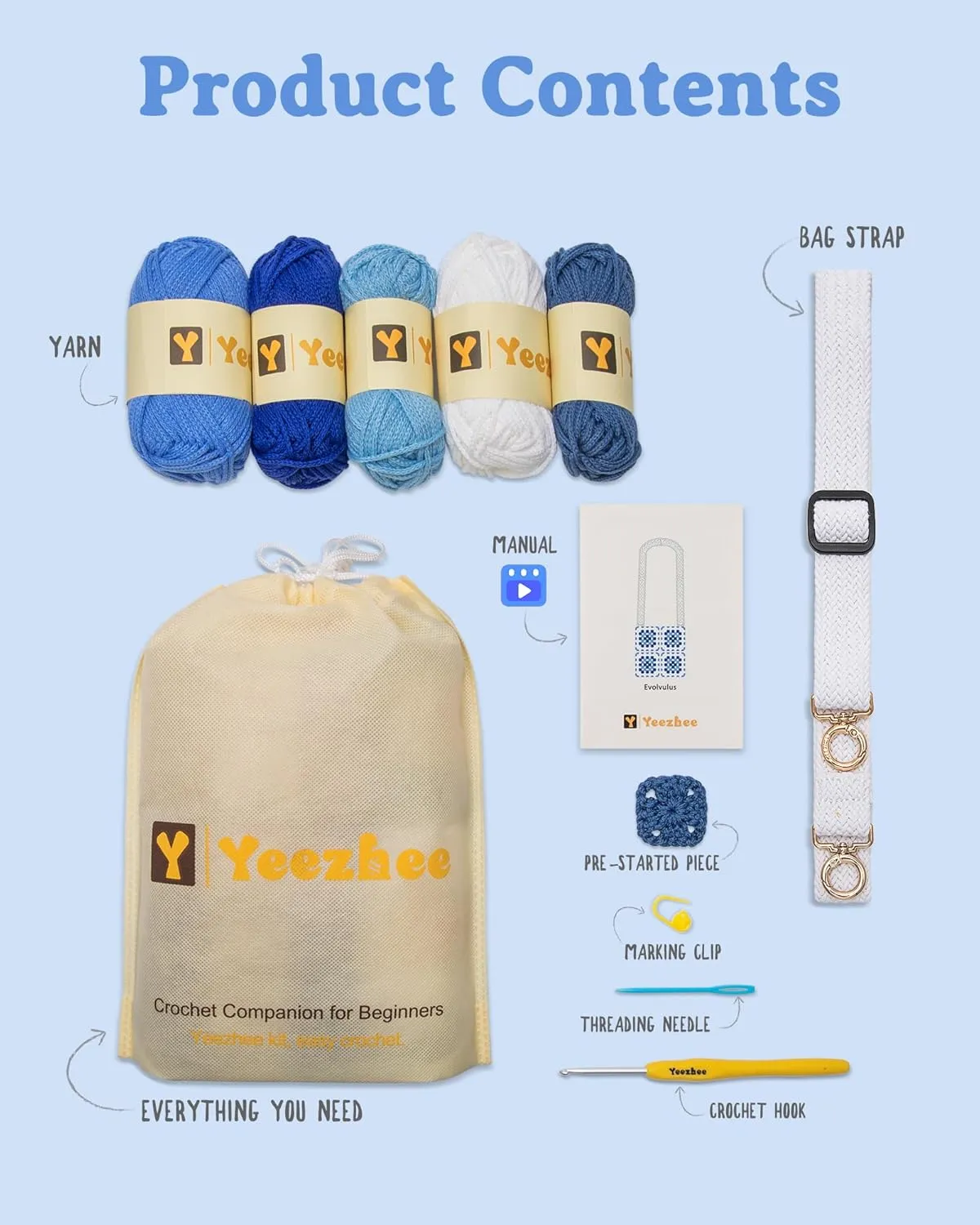 Yeezhee Crochet Kit for Beginners: Granny Square Crossbody Bag Set with Step-by-Step Video Tutorials, Includes Yarn, Crochet Hook, Evolvulus