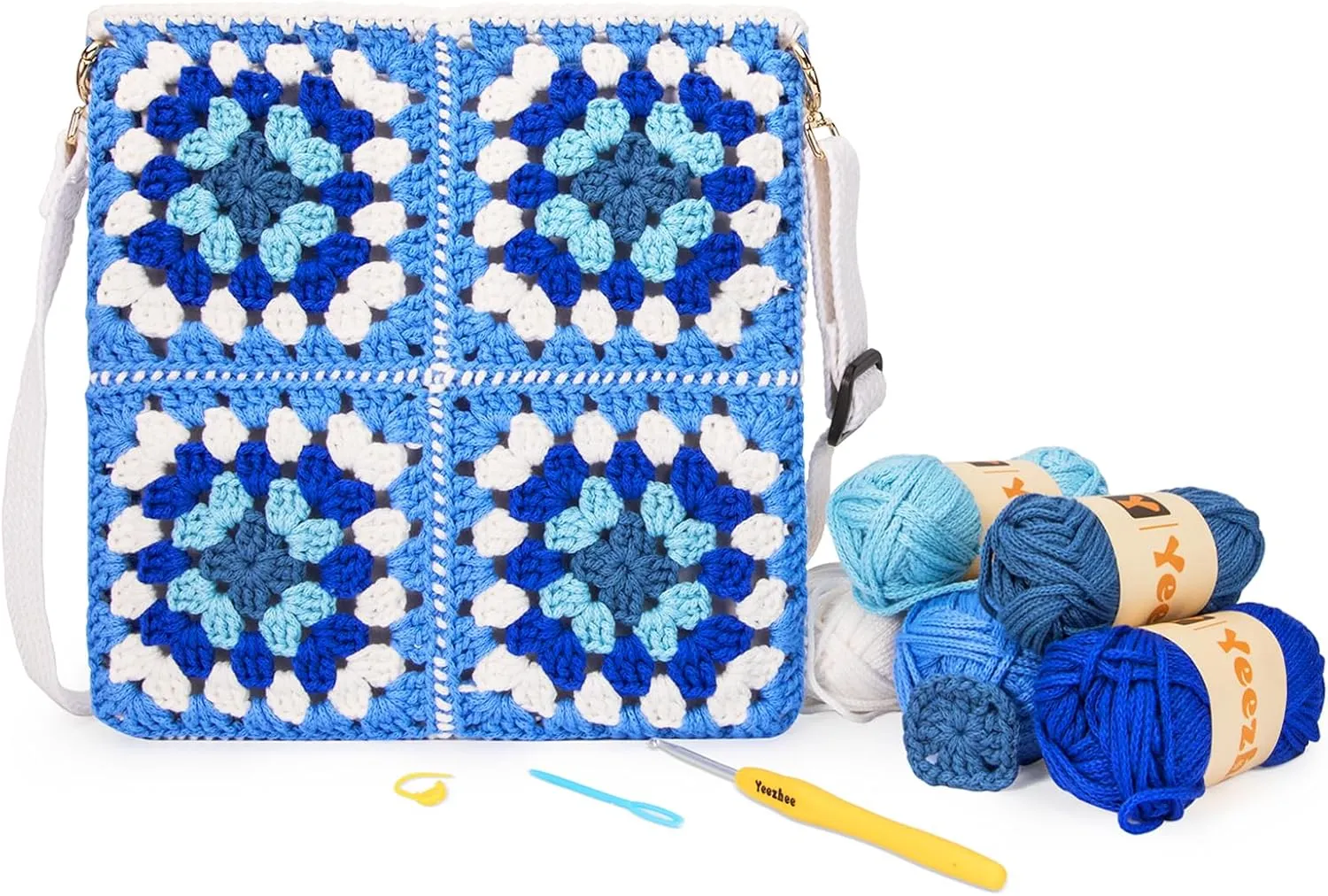 Yeezhee Crochet Kit for Beginners: Granny Square Crossbody Bag Set with Step-by-Step Video Tutorials, Includes Yarn, Crochet Hook, Evolvulus